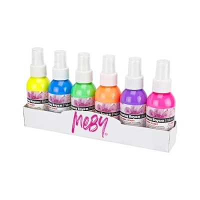 Afbeelding van NEON Textielverfset voor licht textiel. 6 kleuren elk 100 ml. T shirt in spuitflessen. Eenvoudige fixatie &amp; wasbestendig tot 40 C. Fluorescerende effecten op stof (6 kleuren)