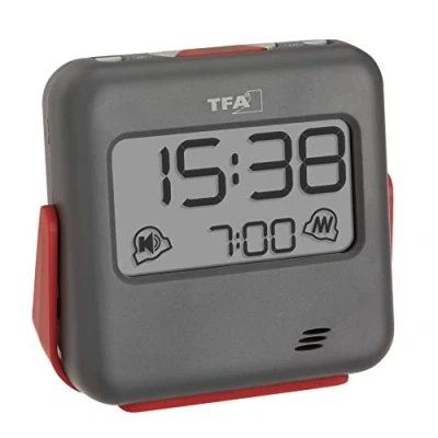 Afbeelding van TFA Dostmann digitale wekker BUZZ, 60.2031.10, reiswekker met snooze functie, trilling en/of alarmtoon, achtergrondverlichting, compact en robust, grijs, L 79 x B 28 H 74 mm