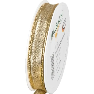 Afbeelding van Halbach Seidenbänder Geschenklint goud made in Germany met vormbare draadranden 15 mm x 25 m elegant gouden lint voor bruiloft of Kerstmis