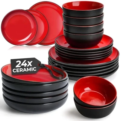Afbeelding van MIAMIO 24 delig Servies voor 6 Personen/Steenwaren Inclusief Borden, Soepborden en Kommen Geschikt Magnetron &amp; Vaatwasser Le PaPillon Collectie (Rood)