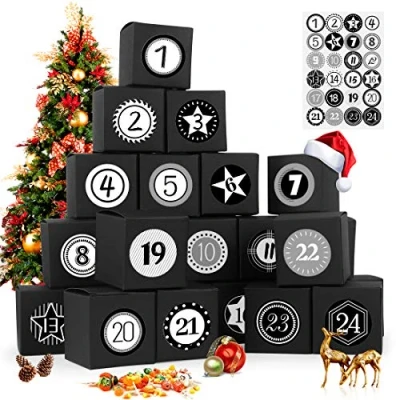 Afbeelding van Adventskalender om te vullen, 24 adventskalender, geschenkdoos, met cijferstickers, voor Kerstmis 2024, knutselen en kerstcadeaudoos zelf maken, zwart