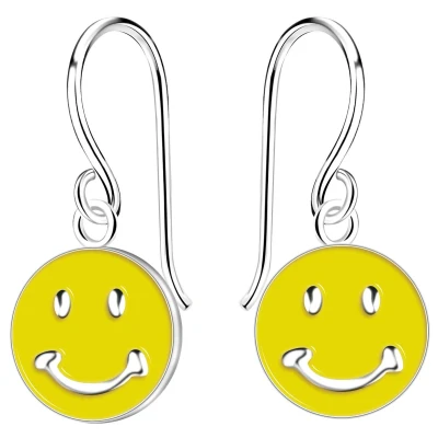 Afbeelding van JoyS Zilveren smiley bedel oorbellen geel emoticon oorhangers sterling zilver 925 kinderoorbellen