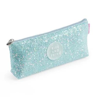 Afbeelding van Miquelrius Etui, driehoekig, glanzend, 1 vak, afmetingen 200 x 80 35 mm, etui met glitter en metalen handgreep, ritssluiting, materiaal: polyester, Blauw, Pennenetui paars,