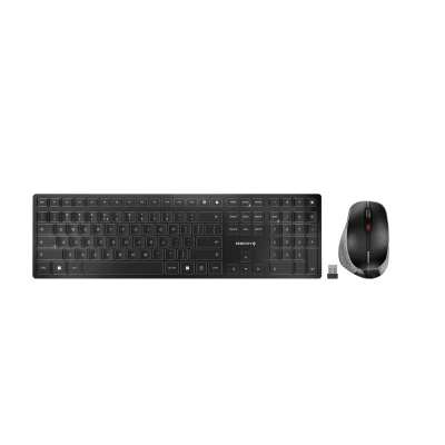 Afbeelding van CHERRY DW 9500 SLIM, draadloos toetsenbord en muis, belgische indeling (AZERTY), Bluetooth of radioverbinding, plat ontwerp, oplaadbaar, ergonomische rechtshandige zwart grijs