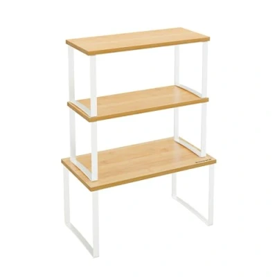 Afbeelding van SONGMICS Organizer voor keukenkast, set met 3 planken, stapelbaar, uitbreidbaar kruidenrek, metaal en bamboe, wolkenwit natuurlijk beige KCS014W01