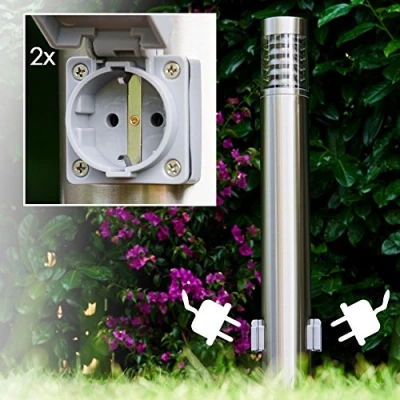 Afbeelding van Buitenlamp Dakar met 2 stopcontacten, moderne staande lamp van roestvrij staal en kunststof, padverlichting 80 cm, tuinlamp E27 fitting, 1 x E27, tuinverlichting IP44, zonder lampen