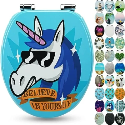 Afbeelding van Sanfino® Wc bril met houten kern en softclose mechanisme hoogwaardige kwaliteit vele kleurrijke motieven, comfortabele zitting, eenvoudige montage inclusief handleiding &quot;Funky Unicorn&quot;