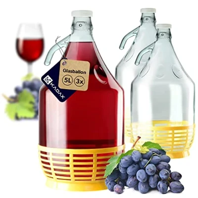 Afbeelding van KADAX wijnkaraf, glazen karaf voor wijn, wijnvat van glas, gistingskaraf, vat wijn swing top fles met mand, gistingsvat gistingskaraf set