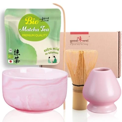 Afbeelding van Goodwei Matcha Set met BIO uit Japan artistieke kom, keramische bezemhouder, handgemaakte bamboe klopper en lepel Cadeauset Theeceremonie (Pinku)