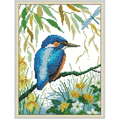 Afbeelding van Kruissteek kits, ijsvogel op de tak, Bird Awesocrafts Easy Patterns Cross Stitching Embroidery Kit levert kerstcadeaus, gestempeld (vogel, gestempeld)