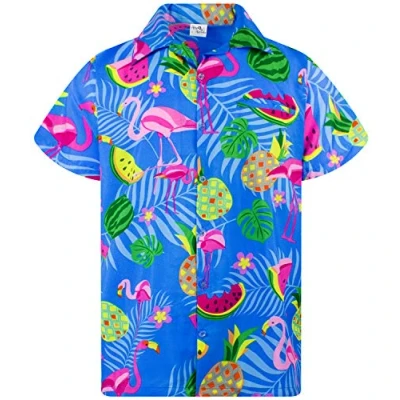 Afbeelding van Funky Hawaiiaans Overhemd, Hawaii Korte Mouw, Flamingo Melon, Indigo Blauw, XXL