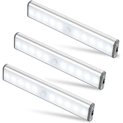 Afbeelding van MOSTON 3 pack upgrade USB oplaadbare 10 LED magnetische bewegingssensor nachtlampje, schemering tot dageraad fotocel, automatisch aan / uit. Draagbaar, draadloos, overal te bevestigen voor kast, kledingkast