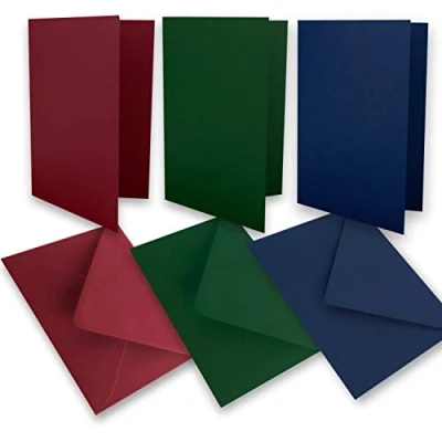 Afbeelding van Set van 60 vouwkaarten, DIN A6, 160 g/m², donkerrood, donkergroen, donkerblauw, met enveloppen, C6, 80 nat plakrand