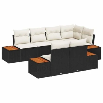Afbeelding van vidaXL 7 Delige Tuinbank Set met Kussens Zwart Poly Rattan