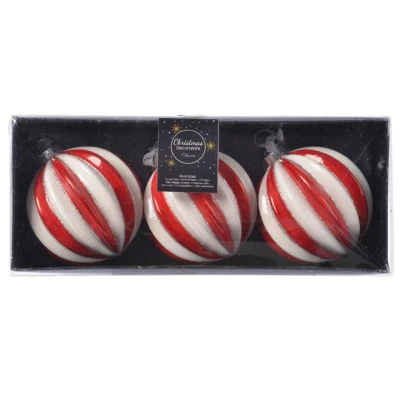 Afbeelding van Decoris Kerstballen 3 stuks glas brass rood met wit 8 cm