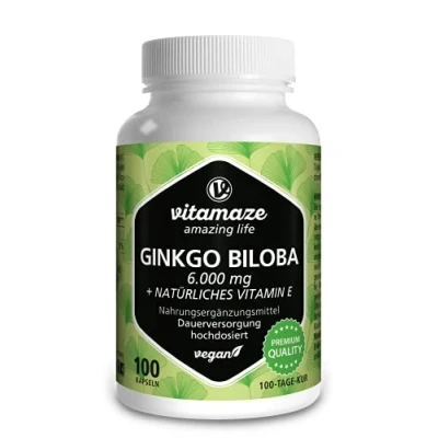 Afbeelding van Ginkgo Biloba Capsules 6000 mg Hoog Gedoseerd &amp; Veganistisch, Gingko Blad Extract 50:1 + Natuurlijke Vitamine E, 100 Capsules, Supplement zonder Additieven, Made in Germany
