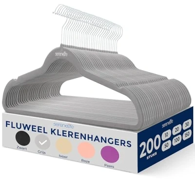 Afbeelding van SereneLife Kleerhanger Fluwelen Hangers Antislip Ruimtebesparende Kledinghangers 200 Stuks Duurzaam en Sterk voor Hemden, Truien, Hoodies, Kinderkleding Jurken Lichtgewicht Grijs
