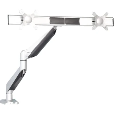 Afbeelding van DESQ® Monitorarm voor 2 Beeldschermen met Gasveer 17/27 Inch Bureauklem + Bladdoorvoer set Front loading ports Zilver