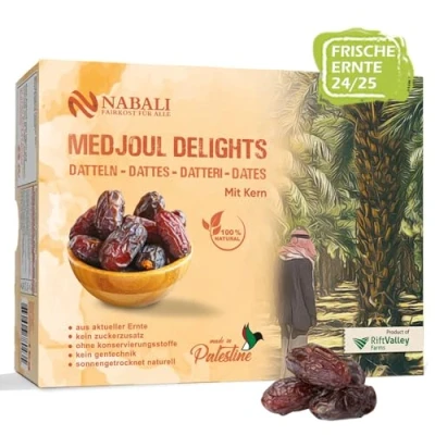 Afbeelding van NABALI FAIRKOST FÜR ALLE Medjoul dates Delight from Jordan I 100% natuurlijke aromatische verse oosterse &amp; veganistische Medjool dadels zonder conserveringsmiddelen honingzoet karamel 1 kg