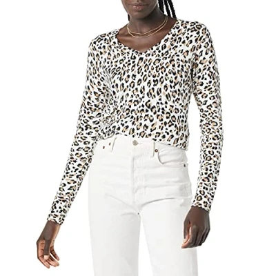 Afbeelding van Amazon Essentials Klassieke pasvorm lichtgewicht trui met lange mouwen en V hals voor dames (verkrijgbaar in grote maten), witte cheeta, XL