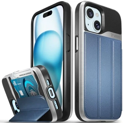 Afbeelding van VENA vCommute Portemonnee hoesje compatibel met Apple iPhone 15 (6,1 inch), (militaire valbescherming), lederen fliphoes kaartsleuf en standaard, zilver/blauw