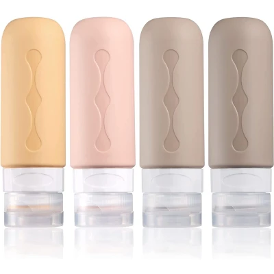 Afbeelding van Siliconen rijstflessen, 90 ml, set van 4 stuks, lege rijstcontainers en toiletartikelen, FDA goedgekeurde navigable vloeistofcontainer voor shampoo, crème, spoeling lichaamsverzorging, blauw