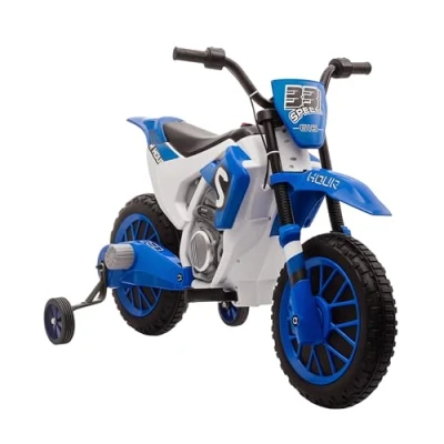 Afbeelding van HOMCOM elektrische motorfiets voor kinderen, 12 V, kindervoertuig, elektrisch voertuig met 2 verwijderbare trainingswielen kinderen vanaf 3 jaar, PP metaal, blauw+wit, 106,5 x 51,5 68 cm