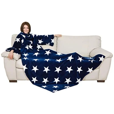 Afbeelding van Kanguru 1099 Deluxe Stars Sterren, Superzachte en behaaglijke fleece Deken met Mouwen buidelzak, veelkleurig, volwassenen maat 140 x 210 cm