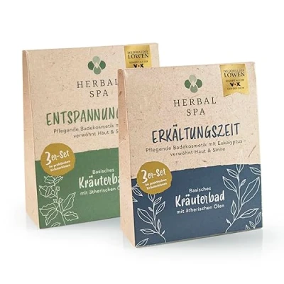 Afbeelding van HERBAL SPA Verkoudheidstijd en ontspanningstijd, basic kruidenbad met etherische oliën, 2 x elk 3 kruidenkussens van 100 g, voedende badcosmetica, verwent huid zintuigen, pure kracht de natuur