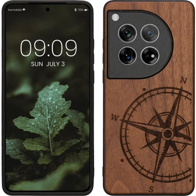 Afbeelding van kwmobile telefoonhoesje geschikt voorOnePlus 12 Hoesje met bumper walnoothout In donkerbruin Vintage Kompas design