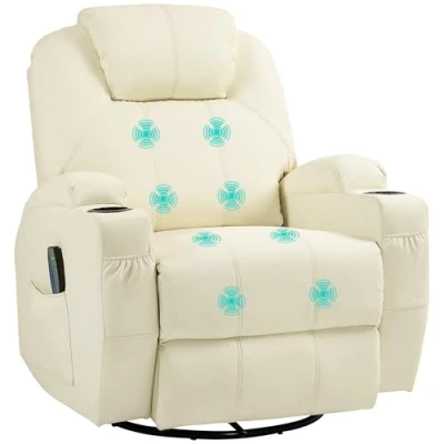 Afbeelding van HOMCOM Relaxstoel met massagefunctie, elektrische televisiestoel ligfunctie, kantelfunctie, draaibare massagestoel veersysteem, afstandsbediening, bekerhouder en zijzak, crèmewit