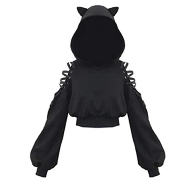 Afbeelding van Womens Kat Oren Zwarte Hoodie Lange Mouw Sweatshirt Leuke Casual Hollow Out Pullover Korte Tops Blouse Crop