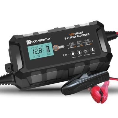 Afbeelding van ECO WORTHY 10 A autoacculader, 12 V, acculader, onderhoudslader met activering van de lithiumbatterij voor auto, vrachtwagen, motorfiets, grasmaaier, boot, maritieme batterijen