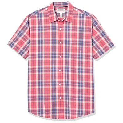 Afbeelding van Amazon Essentials Men&#039;s Poplin overhemd met normale pasvorm en korte mouwen, Gewassen rood Vensterruit, M