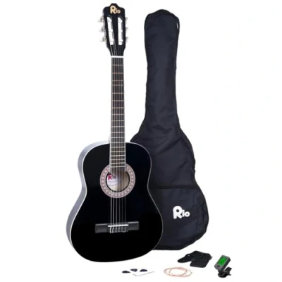 Afbeelding van RayGar Rio 3/4 formaat zwart klassiek gitaarpakket voor junior beginners pak 9 tot 12 jaar inclusief tas, riem, picks, staanplaatsen nieuw (zwart)