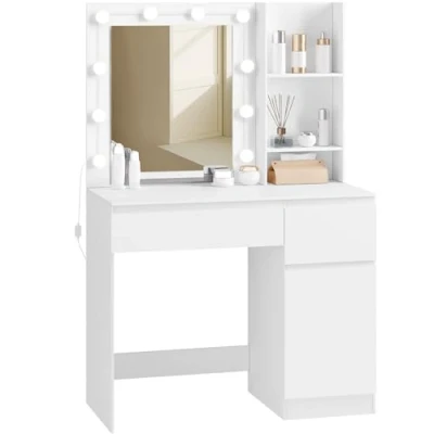 Afbeelding van EUGAD make uptafel met ledverlichting, 3 traps dimbaar, kaptafel spiegel, 2 laden, 1 kast, zijplanken, 90 x 140 39,5 cm, wit, 0055SZT