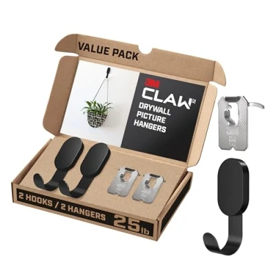 Afbeelding van 3M Klauw (TM) 25 lbs. 2 gipsplaten zwarte haken en fotohangers, zwaargewicht hangende oplossing voor rugzakken, jassen, foto&#039;s woondecoratie 4 stuks