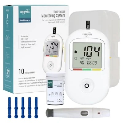 Afbeelding van EUROPAPA® Bloedglucosemeter met 10 Bloedsuikerteststrips en Bloedlancetten Prikpen, Bloedglucosemeetsysteem, Diabetesset Mg/Dl (Wit)