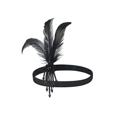 Afbeelding van BABEYOND Hoofdband voor dames, jaren 20, Gatsby kostuum, flapper veer, haarband, zwart