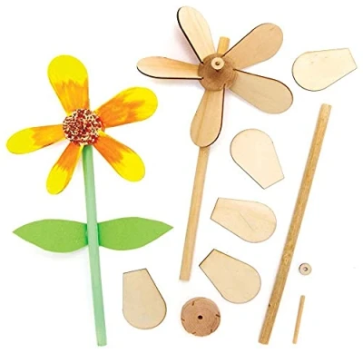 Afbeelding van Baker Ross FE575 Bloemen houten windmolensets pakket van 5, voor kinder kunst en knutselprojecten, knutselsets kinderen om te versieren personaliseren.