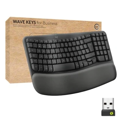 Afbeelding van Logitech Wave toetsen voor bedrijven, draadloos ergonomisch toetsenbord met gewatteerde palmsteun grafiet, QWERTY Spaanse lay out