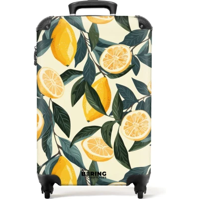 Afbeelding van NoBoringSuitcases.com® Handbagage koffer lichtgewicht Reiskoffer trolley Beige met citroenen en bladeren Rolkoffer wieltjes Past binnen 55x40x20 55x35x25