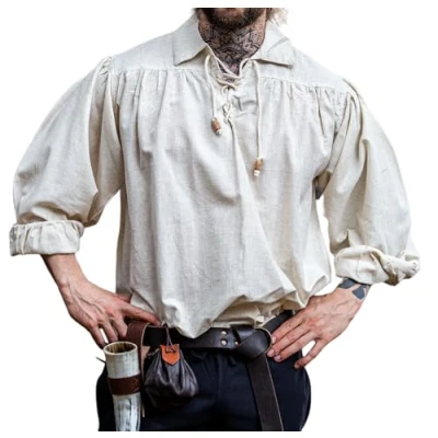 Afbeelding van Leonardo Carbone® Piratenhemd Artur met kraag middeleeuwse kleding, middeleeuws hemd heren, LARP festivaloutfit piratenkostuum, vrijetijdshemden lange mouwen, naturel, XL