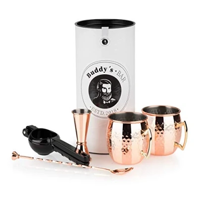 Afbeelding van Buddy&#039;s Bar Moscow Mule complete set, 2 x 500 ml cocktailbeker, 27 cm barlepel, 5 cl barmaat &amp; zwarte limoenpers, geschikt voor levensmiddelen, cocktailkopjes set incl. geschenkdoos, gehamerd koper