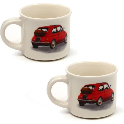 Afbeelding van Espresso Koffiekopjes Fiat 500 Auto &amp; Logo Set 2 stuks Porselein 5x5,5cm 100ml
