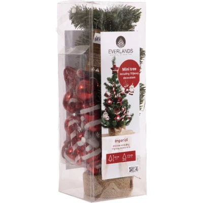 Afbeelding van Kunstkerstboom met versiering 60 centimeter (10 hangers, Binnen, Groen/Rood/Wit)