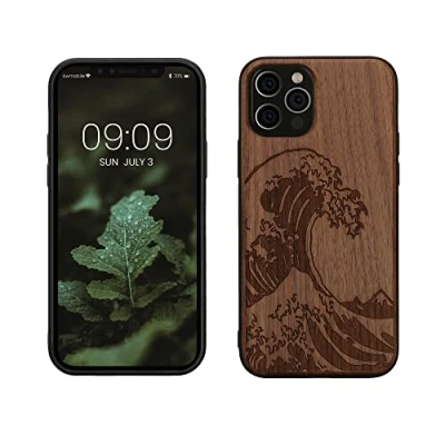 Afbeelding van kwmobile telefoonhoesje compatibel met Apple iPhone 12 / Pro Hoesje van Hout en TPU In donkerbruin Golven op