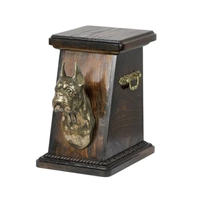 Afbeelding van Art Dog Custom Memorial Urn Handgemaakte Box Koudgegoten bronzen hondenkop op berkenbasis 19cmx32cmx30cm Boxer bijgesneden