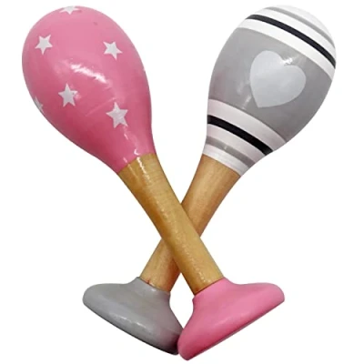 Afbeelding van PREMYO Maracas Baby Rammelaar Muziek Speelgoed Houten Sambaballen Babyspeelgoed Sterren Hartje Grijs Roze