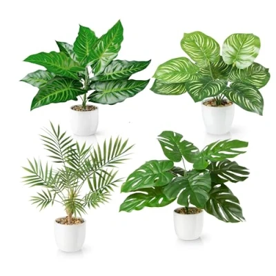 Afbeelding van PASCH® Set van 4 tropische kunstplanten zoals echt (35 cm) in witte keramische potten: o.a. Monstera kunstpalm &amp; Areca kunstpalm, pot, nepplant, kunstbloemen pot
